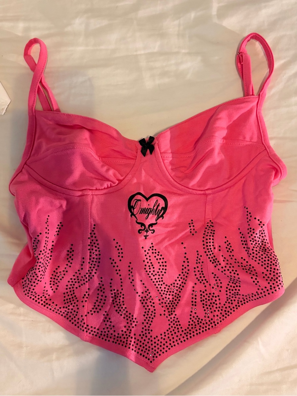Pink Omighty Corset Crop Top with Rhinestone Flame Design
